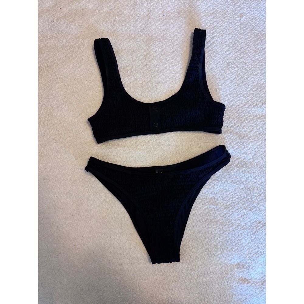 Kendall + Kylie Black Smocked Two Piece Bikini Set Scoop Neck Henley Small